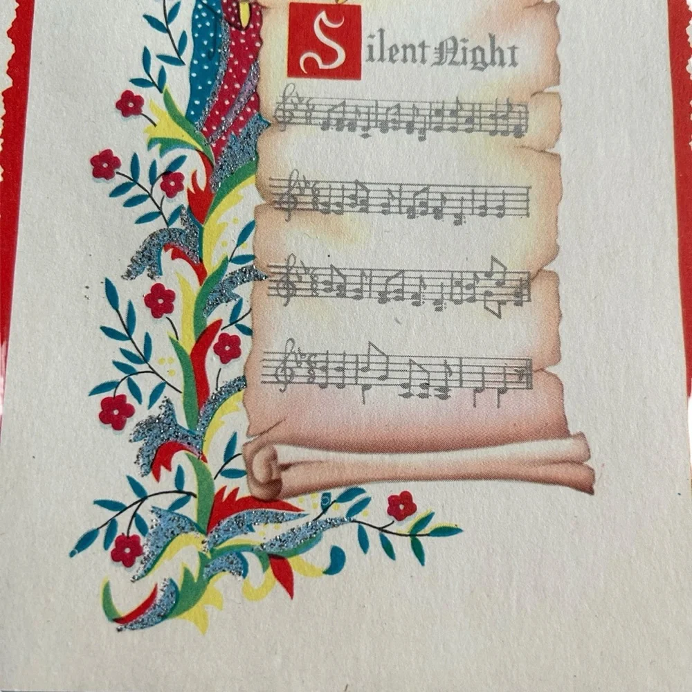 Vintage 40s 50s Rynart Christmas Card Silent Night Scroll Angel Retro Ephemera